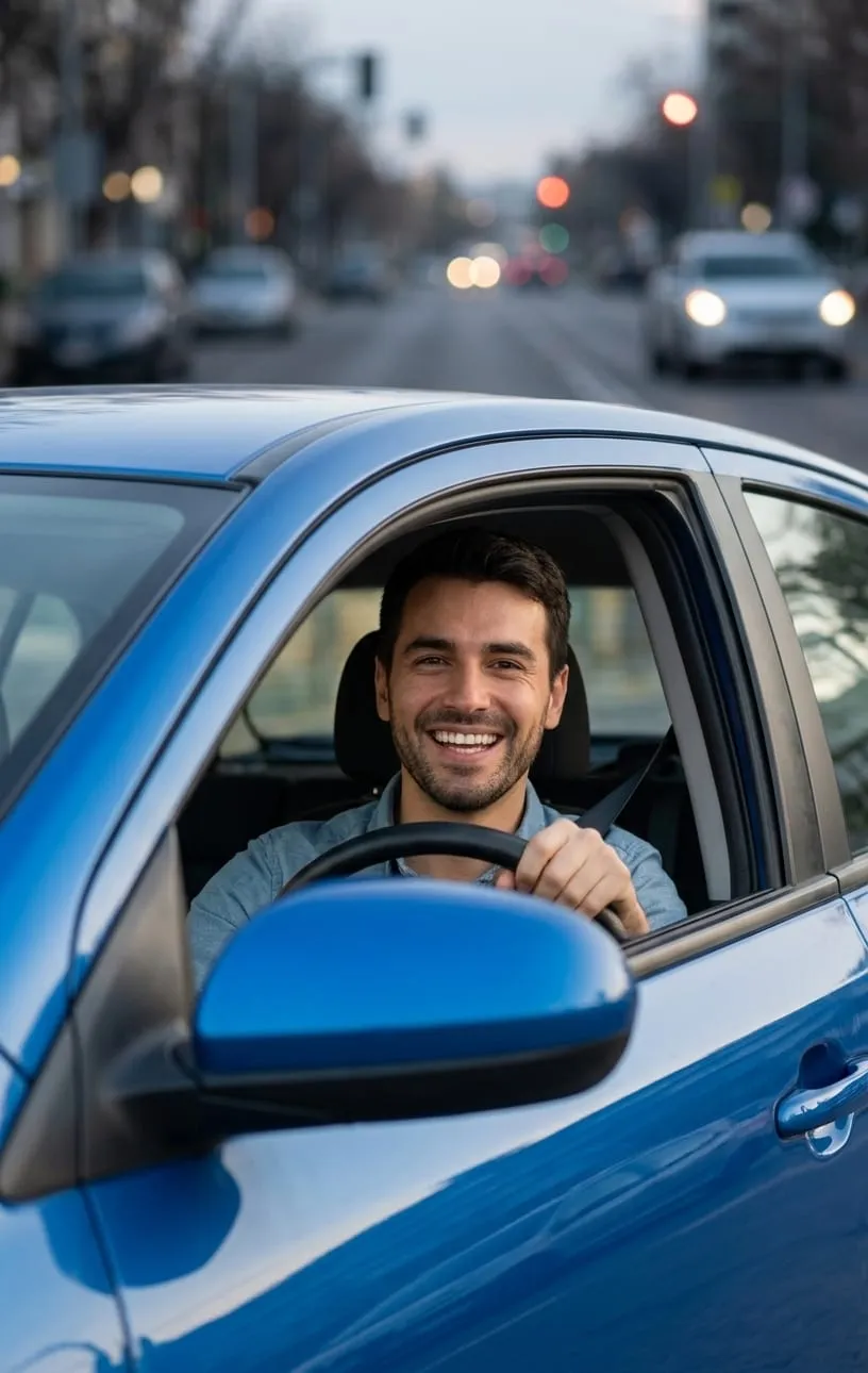 Conductor sonriente al volante de su auto